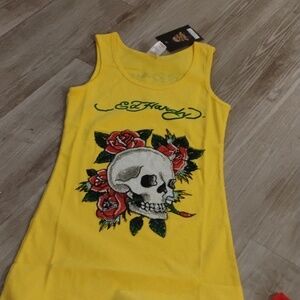 Ed Hardy Yellow Tank Top with Skull & Rose Graphic